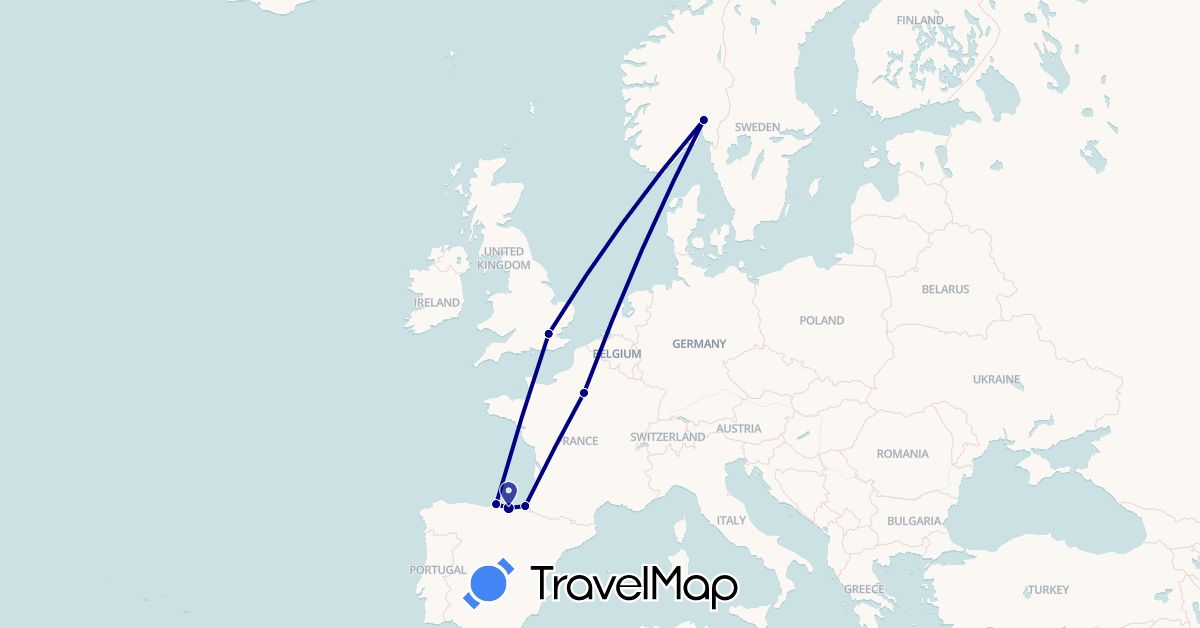 TravelMap itinerary: driving in Spain, France, United Kingdom, Norway (Europe)